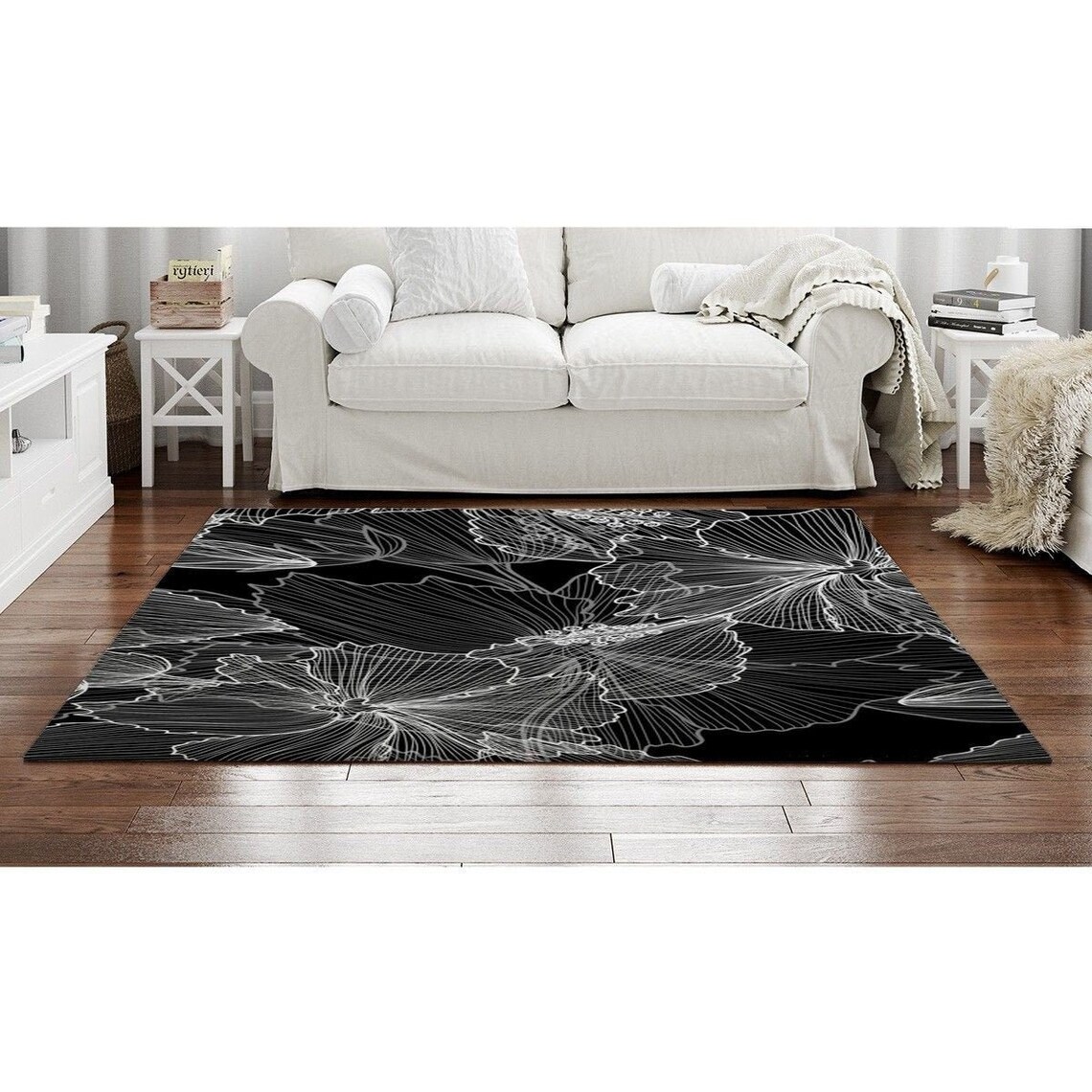 Black and White Floral Rugs Black and White Floral Area Rug Etsy