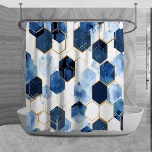 Classic Geometric Shower Curtains Blue And Gold Shower Curtain Hexagon Pattern Shower Curtain Blue Bath Decor Geometric Shower Curtain