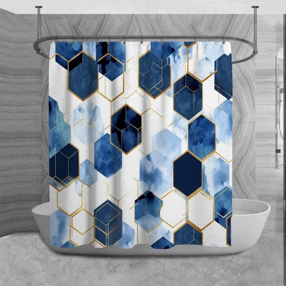 Classic Geometric Shower Curtains Blue and Gold Shower Curtain Hexagon  Pattern Shower Curtain Blue Bath Decor Geometric Shower Curtain -   Canada