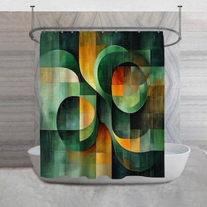May include: A shower curtain with an abstract geometric design. The artwork features a blend of green, yellow, and orange hues, with curved and rectangular shapes. The curtain is hanging in front of a white bathtub, creating a modern bathroom aesthetic.
