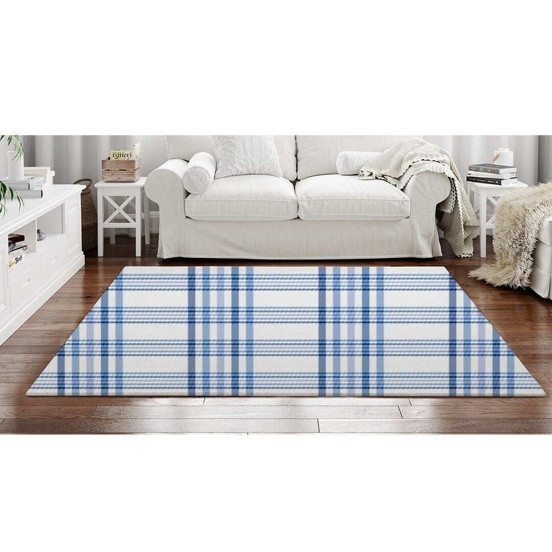 White and Blue Rugs White and Blue Plaid Area Rugs Plaid Etsy UK