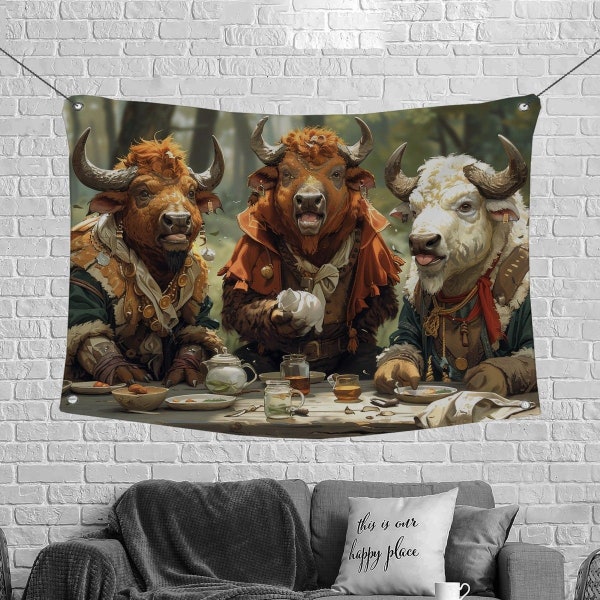 Bulls Meal Wall Art, Artwork Wall Decor, Outdoor Dining Tapestry, Illustration Canvas Wrap, Craftsman Home Decor