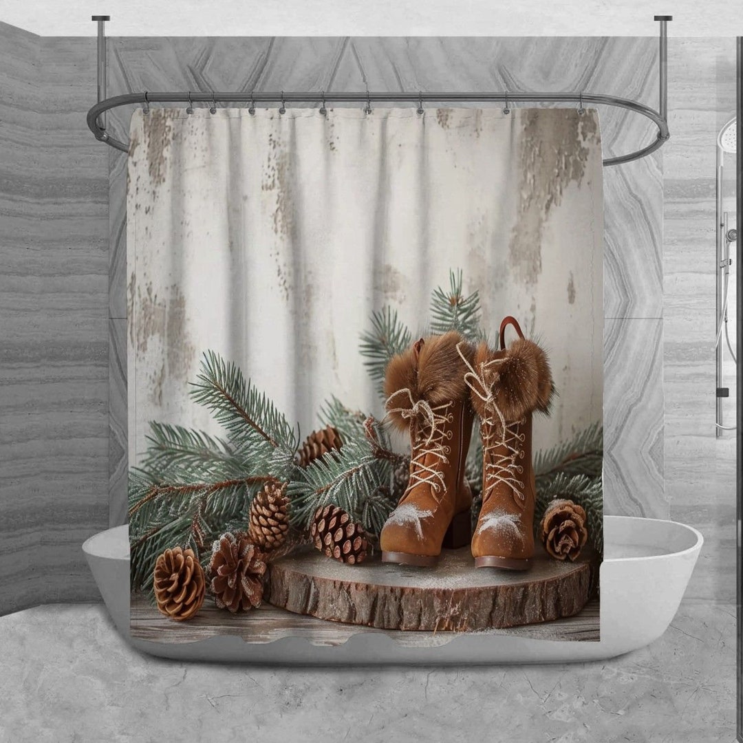 Vintage Christmas Shower Curtains Christmas Decors on Wood Shower Curtain Grey Brown and Green