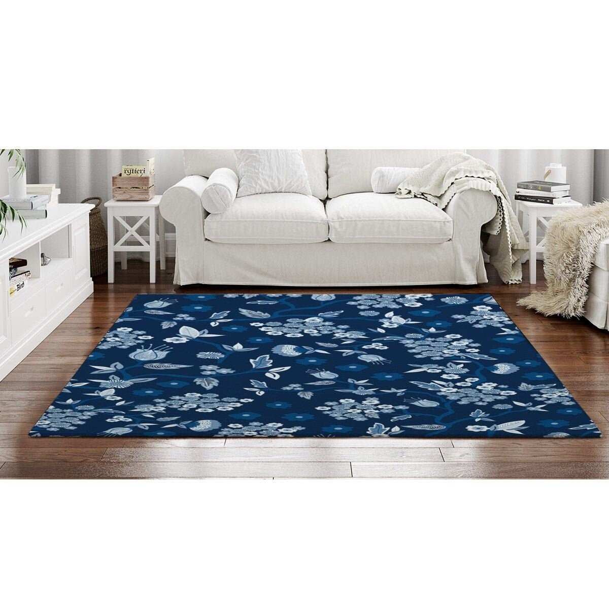 Blue And White Rugs Flower Area Rug Blue And White Etsy