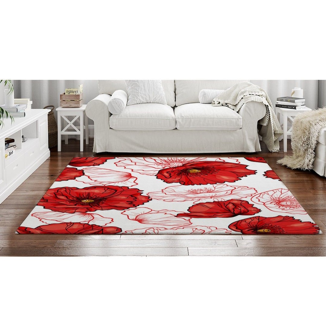 Poppy Rugs Red Poppies on White Area Rug White and Red Area Rugs Line