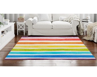 Rivera Blue With Rainbow Stripes Rug MAT 60X120CM Handmade Cotton 