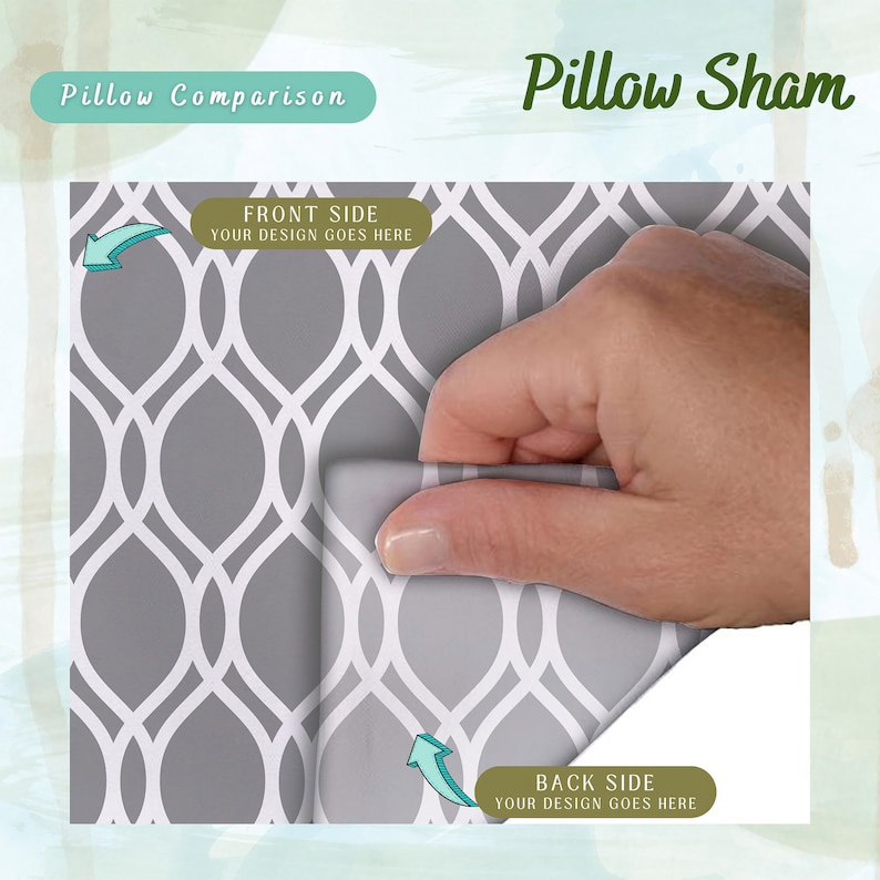 May include: A gray and white pillow sham with a geometric pattern. The sham is folded in half to show the front and back sides. The text "FRONT SIDE YOUR DESIGN GOES HERE" is on the front side and the text "BACK SIDE YOUR DESIGN GOES HERE" is on the back side.