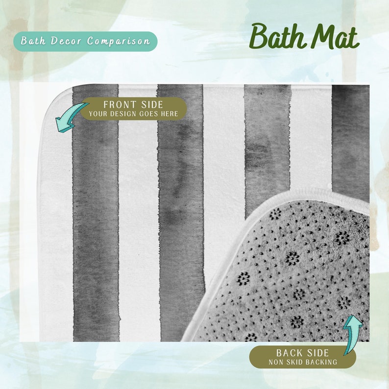May include: White and gray striped bath mat with a non-skid backing. The front side of the mat is designed for customization. "FRONT SIDE YOUR DESIGN GOES HERE" is printed on the mat. The back side of the mat is gray and has a textured non-skid surface. "BACK SIDE NON SKID BACKING" is printed on the mat.