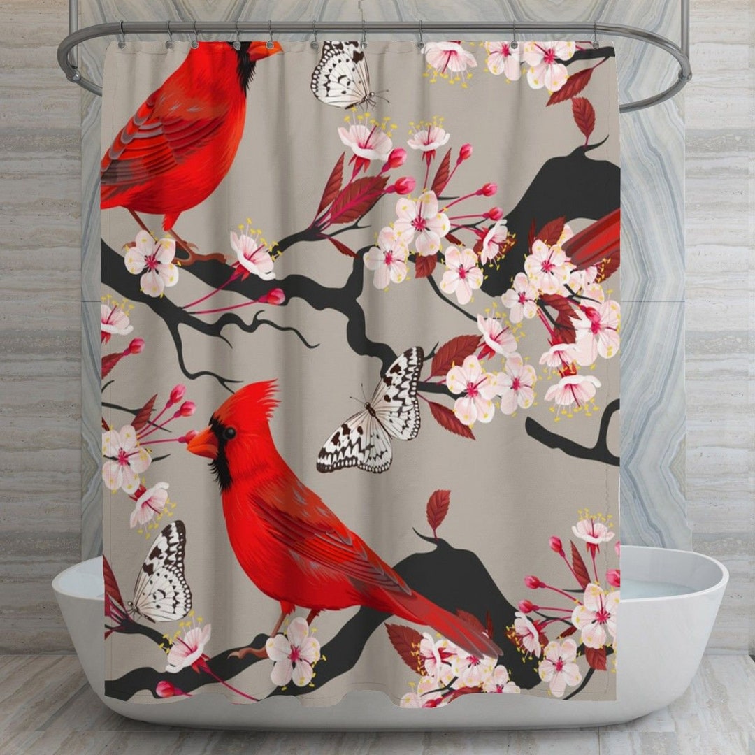 Cardinal Shower Curtains Cardinals and Cherry Blossom Shower Etsy