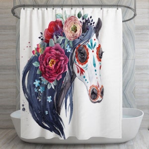 Floral Horse Shower Curtain Horse Shower Curtain Boho Floral Shower Curtain Horse Bathroom Decor Chic Shower Curtain Custom Bath Decor