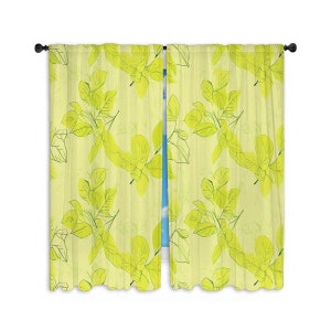 Chartreuse Botanical Window Curtains: Calming Green & Blue Drapes
