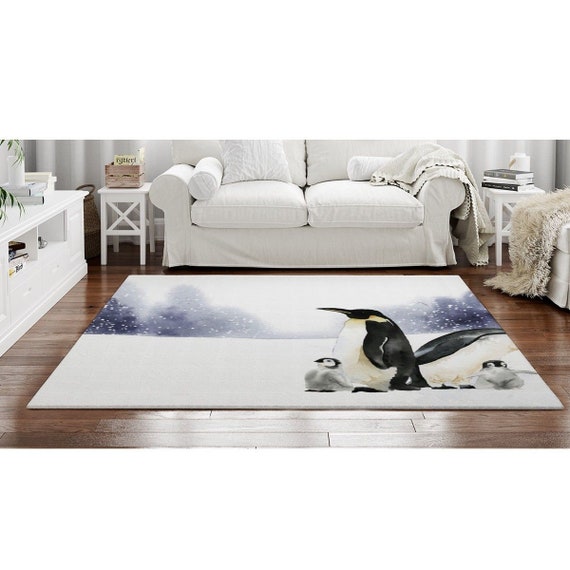 Penguin Rugs Penguin Family Area Rug White and Gray Carpets Winter