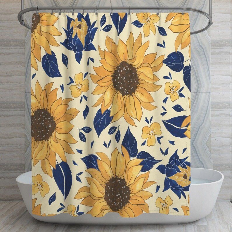 Yellow and Navy Shower Curtains Sunflowers and Leaves Shower Etsy