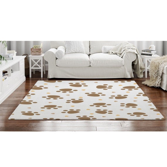 Brown Pawprints Area Rug Pet Themed Floor Mats White and Brown Floor Decor  Adorable Paw Print Throw Rug Living Room Decor for Dog Owners 