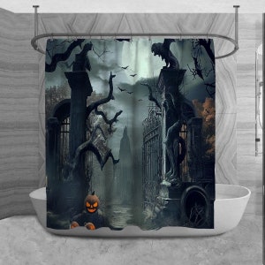 Creepy Shower Curtains Scary Grave Entrance Shower Curtain Black Shower Curtains Dark Gray Shower Curtain Monochrome Halloween Art Bath