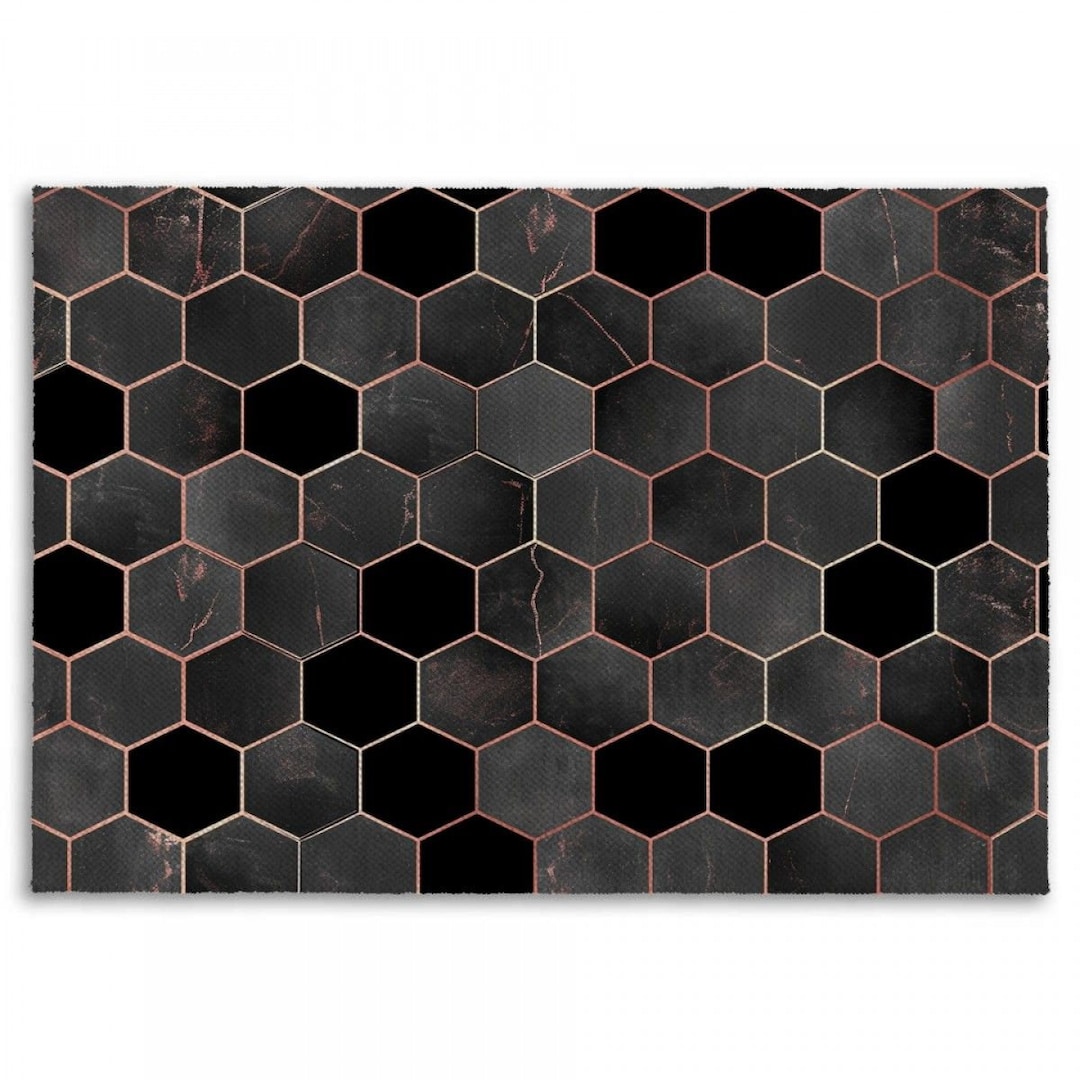 Rose Gold and Gray Rugs Watercolor Hexagon Pattern Area Rug Matte Black ...