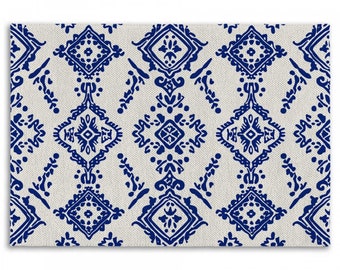 Indigo Damask Rug: Ethnic Floral Ecru and Navy Blue Area Rug