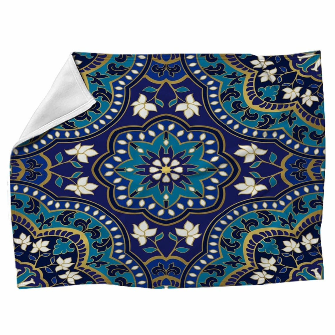 Persian Blankets Ethnic Flower Pattern Fleece Blanket Navy Etsy