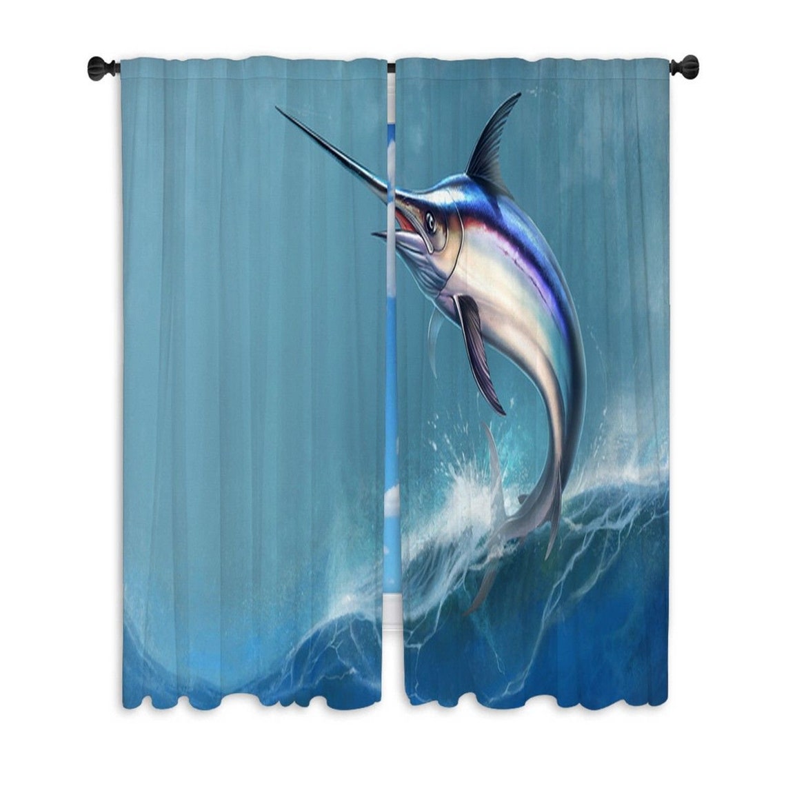 Fish Window Curtains Sword Fish Jumping Waves Curtains Blue Etsy