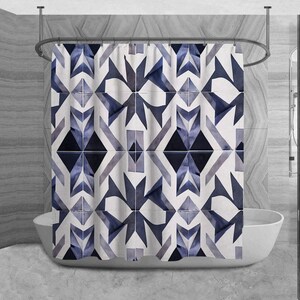 May include: A shower curtain featuring a geometric pattern of blue and white tiles. The design is made up of repeating shapes, creating a contemporary and stylish look.