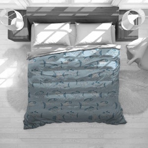 Fish Bedding, Coastal Bedding Set, Nautical Comforter, Ocean Duvet Cover, Beach House Home Decor