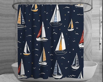 Sailboat Shower Curtains Boats On Dark Blue Shower Curtain Navy White And Red Shower Curtains Nautical Print Shower Curtain Coastal