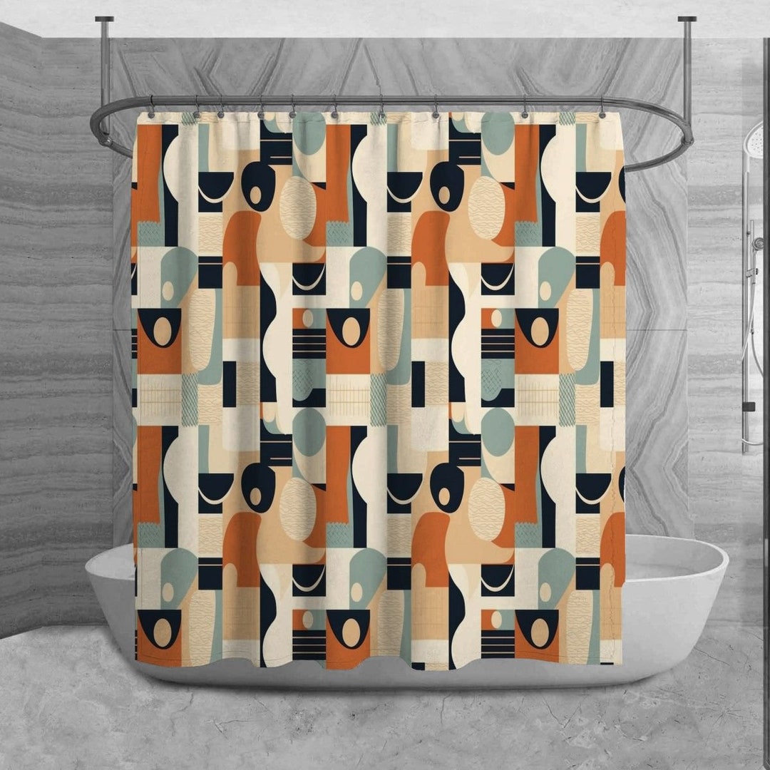 Retro Geometric Shower Curtain Funky 90s Bath Mat Black and Orange ...