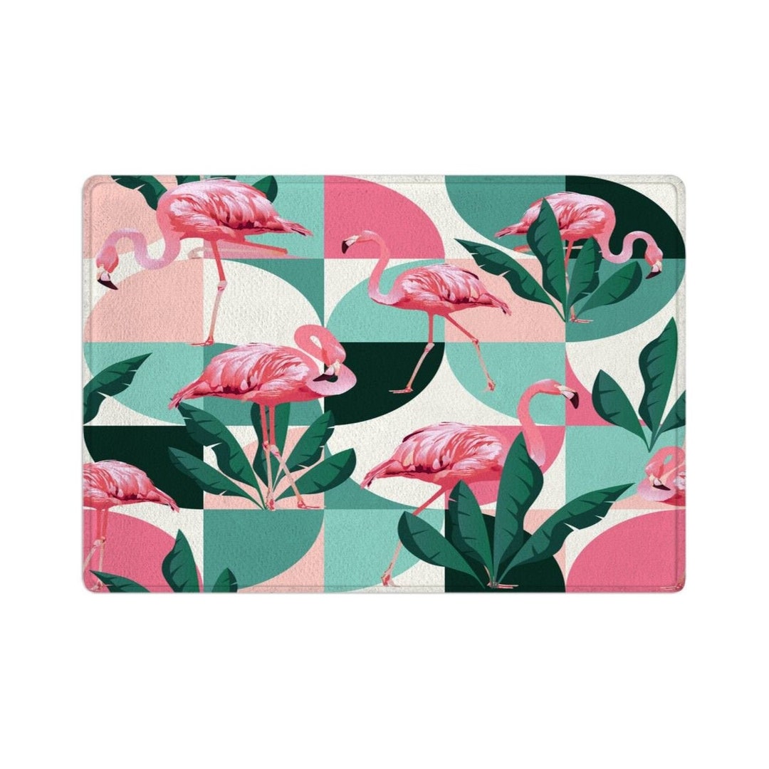 Flamingo Bath Mat Retro Bathroom Decor Pink and Green Etsy