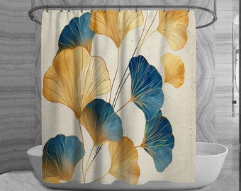 Blue and Gold Gingko Leaf Shower Curtain: Luxurious Bath Decor