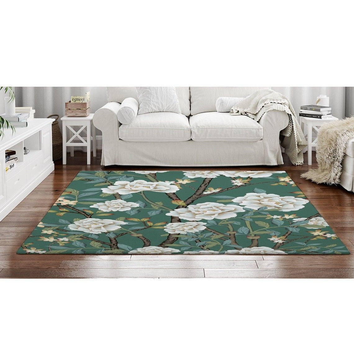 Emerald Green Rugs Floral Rug Emerald Green Chinoiserie Area Etsy