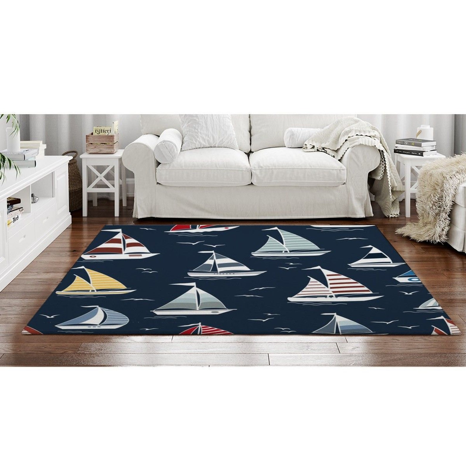 Sailboat Rugs Boats on Dark Blue Area Rug Navy White and Red Etsy