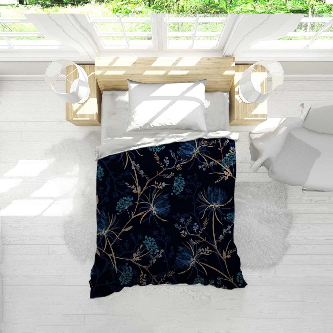 Navy Floral Comforter Navy Floral Bedding Dark Blue Flower Etsy