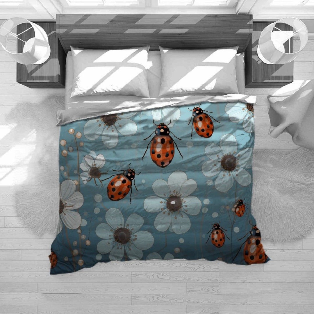 Ladybug Bedding, Wildflower Bedding Set, Insect Comforter, Garden Flower Duvet Cover, Botanical