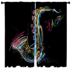 Jazz Window Curtains Music Inspired Window Panels Artistic Multi-Color Drapes Expressive Room Decor Personalized Window Fittings