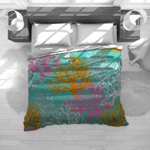 Coastal Duvets Colorful Coral Reef Comforters Aqua Pink And Orange Bedding Ocean Comforter Beach House Duvets