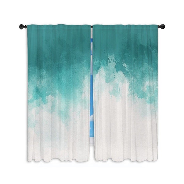 Gradient  Window Curtains Beach House Teal Curtains White And Teal Drapes Blue Green And White Curtain Panel Ombre Watercolor Curtain