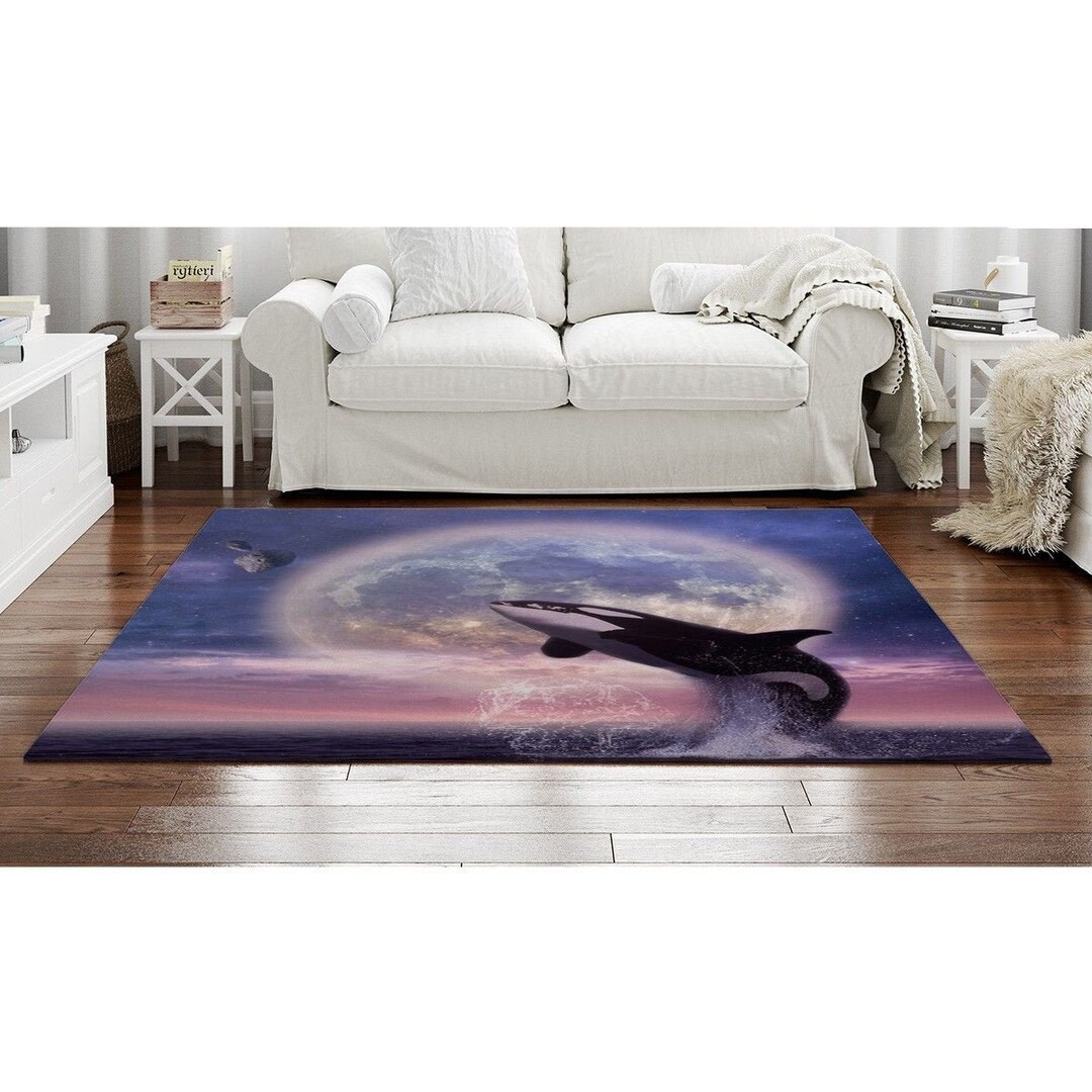 Orca Whale Area Rug: Jumping Whale, Night Moon, Blue & Purple Ocean - Etsy