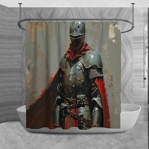 Knight Shower Curtain, Historical Bathroom Decor, Medieval Bath mat, Painting Towels, Traditional Bath Decor Ideas