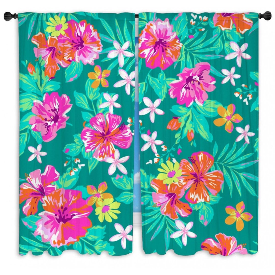 Hibiscus Window Curtains Pink and Orange Hibiscus Art Curtains Etsy
