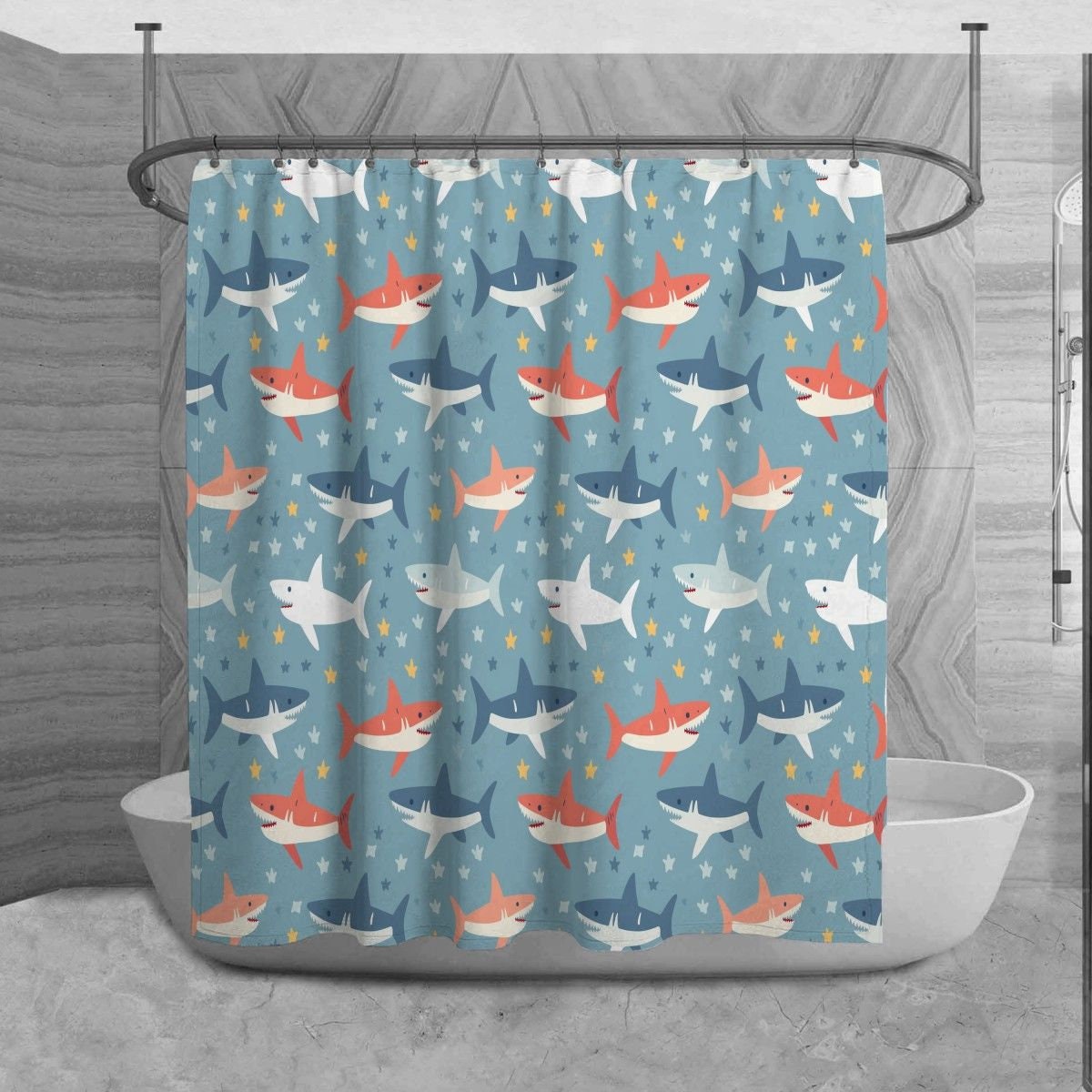Aquatic Life Shower Curtain, Shark Bathroom Decor, Playful Bath