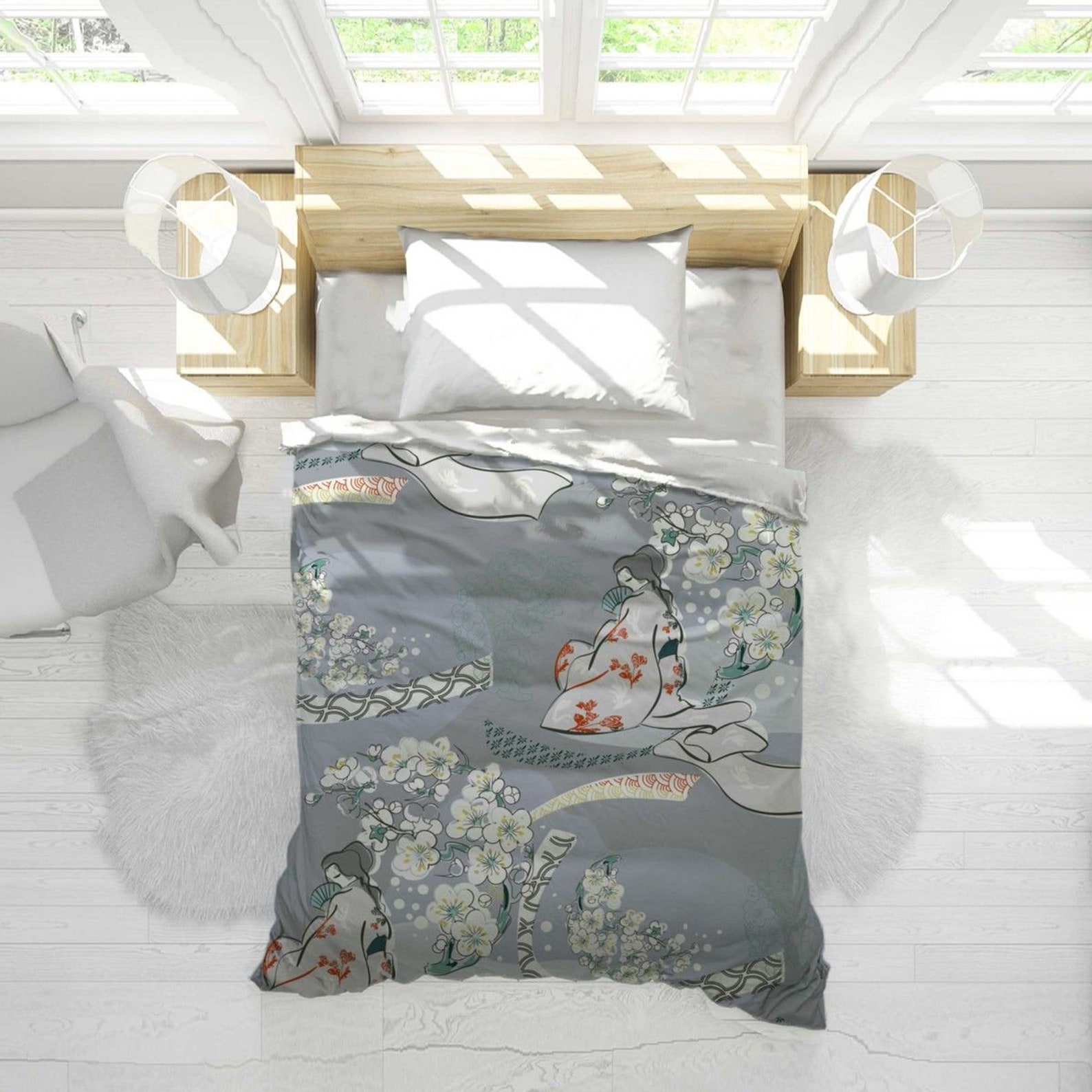 Japanese Duvets Japanese Bedding Geisha and Cherry Blossoms Etsy