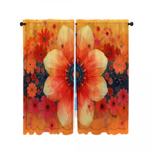 May include: Floral-themed window curtains featuring a large, central orange flower with yellow petals. The curtains have a vibrant orange background with smaller flowers in shades of red and pink. The design is artistic and decorative.