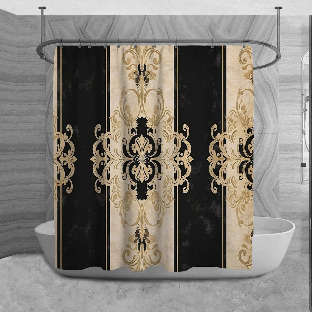 Black and Beige Shower Curtains Damask Pattern Shower Curtain