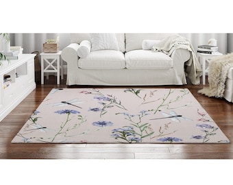 WOZO Spring Floral Print Dragonfly Area Rug Rugs Non-Slip Floor Mat Doormats for Living Room Bedroom 60 x 39 inches