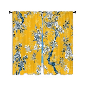 Chinoiserie Toile Curtain Panel Yellow Floral Window Curtains Yellow Drapes Custom Sizes Chinoiserie Curtains Toile Drapes Customized