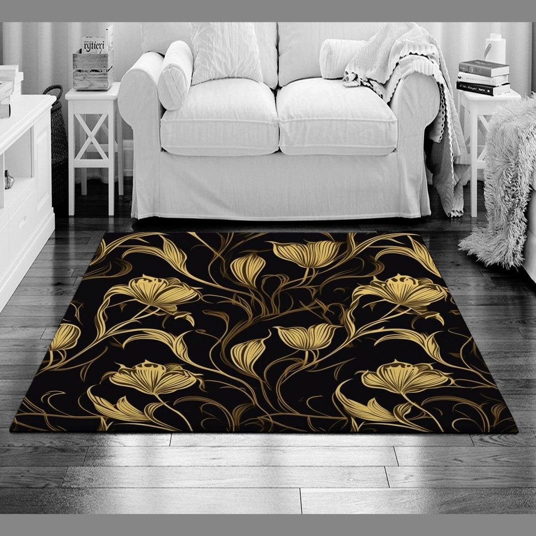 Floral Rug Modern Decor Large Rug Black Living Room Rug Gold Etsy