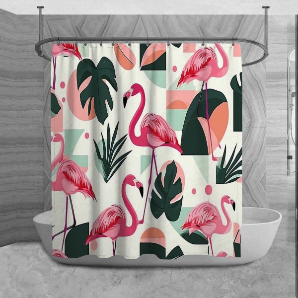 Flamingo Shower Curtains Pink Flamingos Bath Decor Mid Century Modern Shower Curtain Green And Pink Shower Curtain Tropical Bathroom