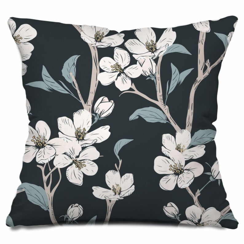 Tree Flowers Decorative Pillow Black Floral Tree Print Throw Pillow White Flower Pillow Floral Accent Pillow Black Floral Throw Pillows
