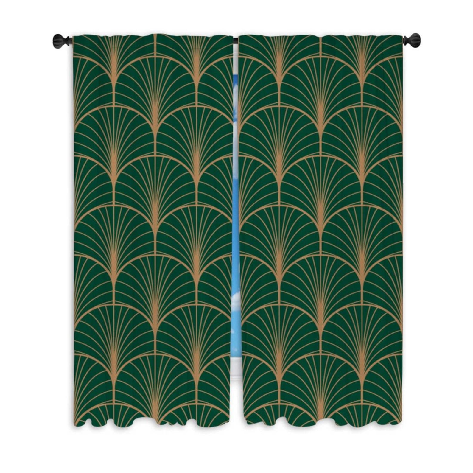 Green Gold Fans Curtain Panel Art Deco Window Curtains Etsy
