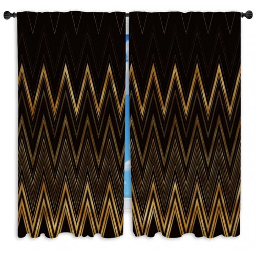 Green Gold Fans Curtain Panel Art Deco Window Curtains Norway Green Gold Fans Curtain Panel Art Deco, Black And Gold Chevron Curtains
